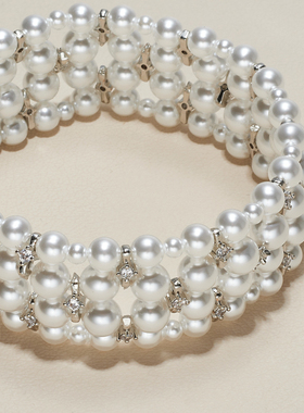 AHCHOO 静奢重工人造珍珠手链四层编织微镶满钻璀璨高级弹力手环