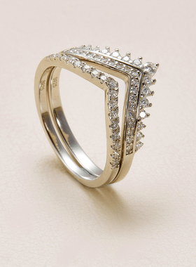 AHCHOO 满镶莫桑钻石戒指S925银V型皇冠叠戴指环男女对戒520礼物