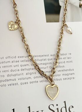 金色爱心珍珠金属链条项链女款