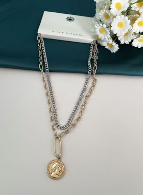 s70时尚欧美外贸双层金属链条硬币头像吊坠潮搭个性配饰品项链女