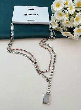 s67外贸双层金属链石头珠方形玉石镶嵌吊坠高级感时尚气质项链女