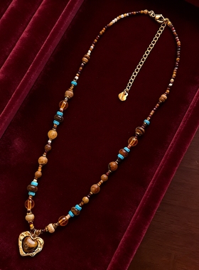 美拉德虎眼石爱心吊坠毛衣链小众轻奢锁骨链气质手工时尚送礼项饰