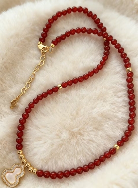 红玛瑙葫芦吊坠项链气质网红时尚锁骨链红玛瑙毛衣链设计感送礼物