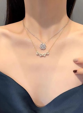 S925纯银爱心四叶草项链女花朵满钻轻奢风锁骨链一款两戴首饰