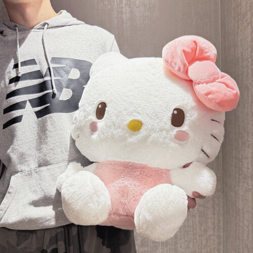 三丽鸥日本正版hello kitty粉色害羞毛绒公仔凯蒂猫大号玩偶抱枕 - 图0