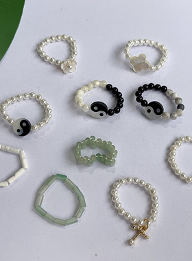 小众设计ins戒指 天然宝石弹力绳戒指轻奢简约松紧戒