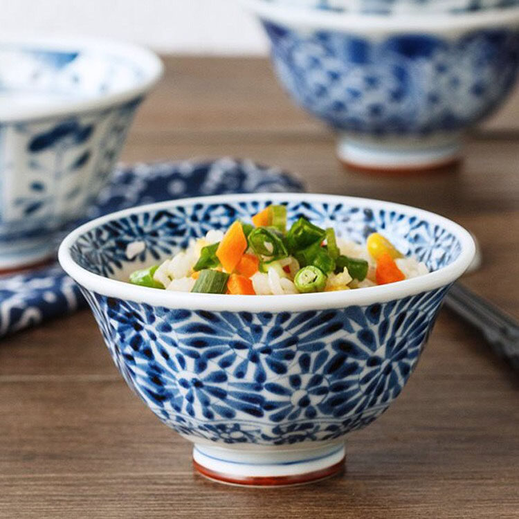 蓝凛堂米饭碗日本进口陶瓷福字反口碗日式家用陶瓷饭碗高脚防烫碗