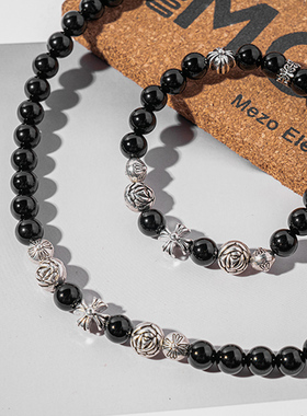 原创设计黑玛瑙珠手链十字架项链
