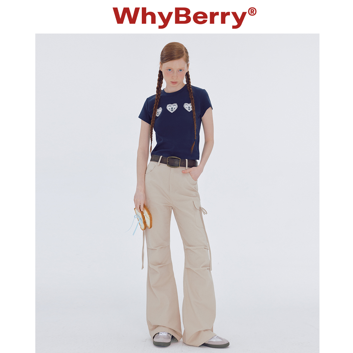 WhyBerry 24SS“贩卖心动”蕾丝爱心T恤修身百搭纯色短袖上衣女 - 图0