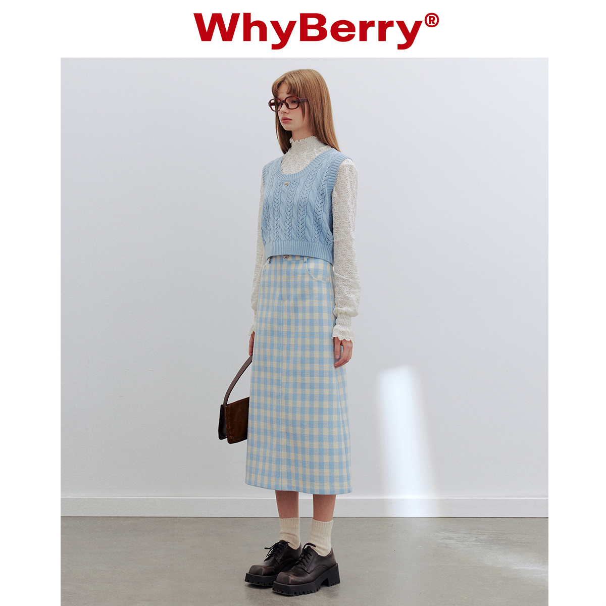 WhyBerry 24SS“海盐气泡”蓝白格子半身裙简约撞色长款A字裙女-图1