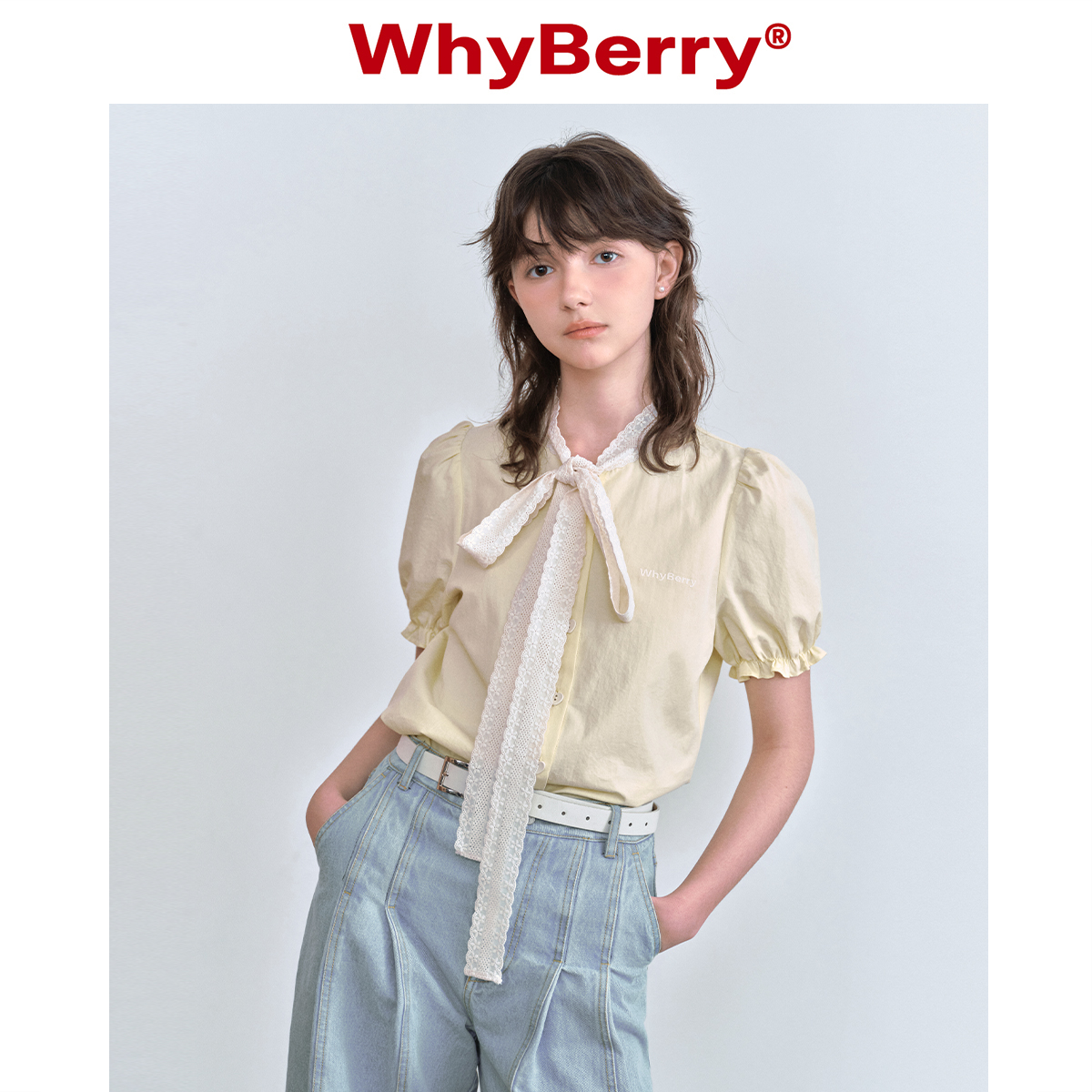 WhyBerry【套装】蕾丝蝴蝶结衬衫&白色花边短裤&叠搭蕾丝裙 - 图0