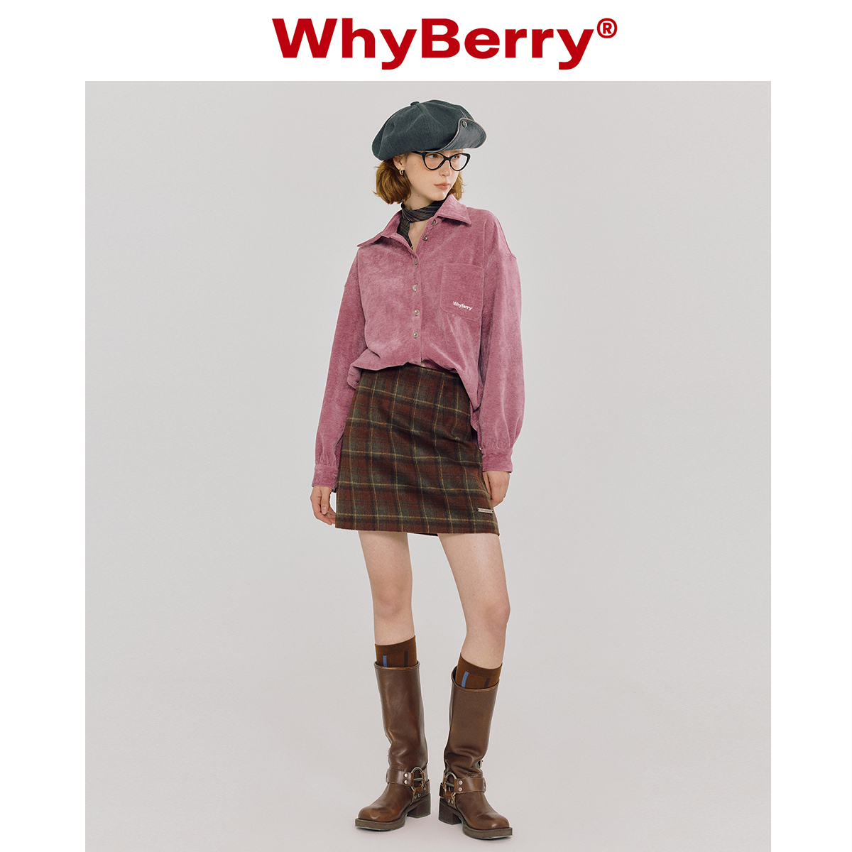 WhyBerry 23AW“藏在石榴里”红棕格小短裙秋冬半身裙复古英伦风-图1