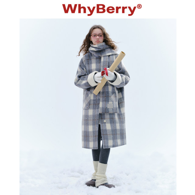 WhyBerry 24AW“柏林冬日”立领格子大衣自带围巾中长款厚外套冬