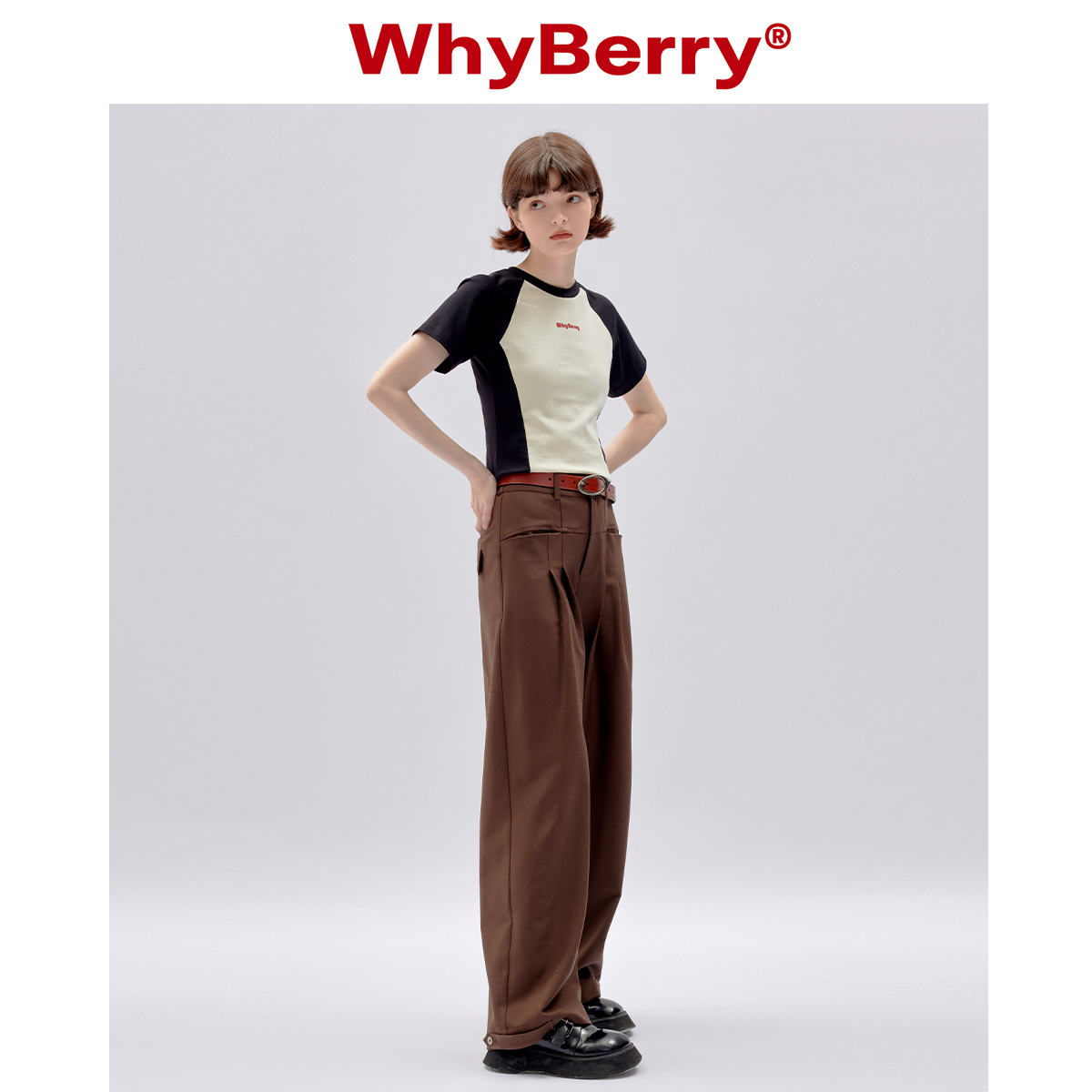 WhyBerry 23SS“末日钢琴手”黑白显瘦拼接时髦t恤短袖美式短上衣