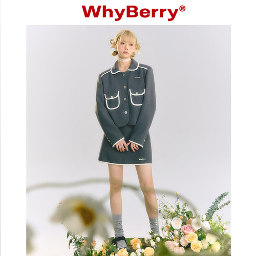 WhyBerry 23SS“甜酪笔记”娃娃领薄垫肩西装外套撞色休闲复古风 - 图1