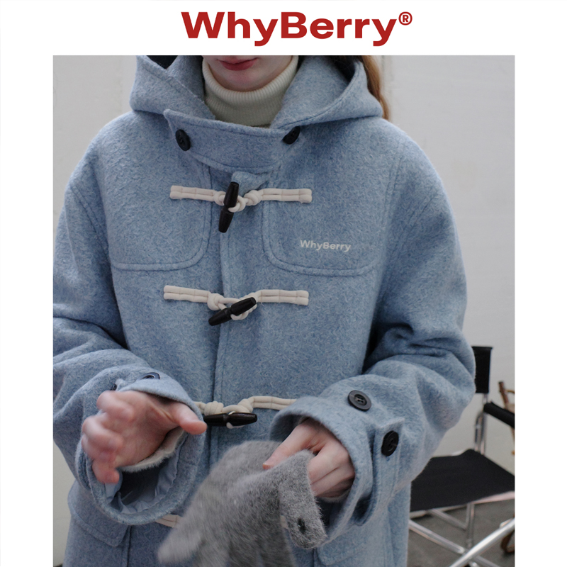 WhyBerry 24AW“泡芙学院”蓝色牛角扣大衣秋冬复古加厚毛呢外套 - 图1