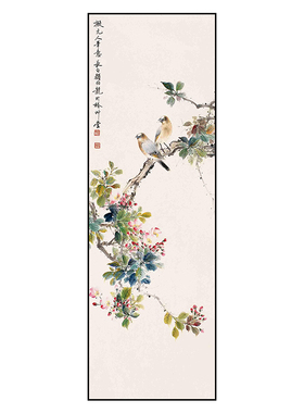 中式花鸟图窄长条自粘贴装饰墙画