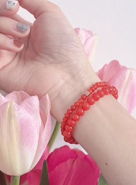 天然红玛瑙蛇年红绳本命年手链女玉髓红色宝石手串水晶小米珠