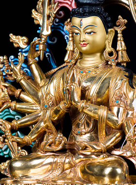 藏村尼泊尔13寸手工铜全鎏金雕花双层莲座准提佛 铜像铜像摆件