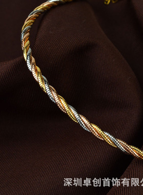 意大利3D工艺丝滑抛光三色彩银项圈5mm加粗三股扭绳链颈圈可调节