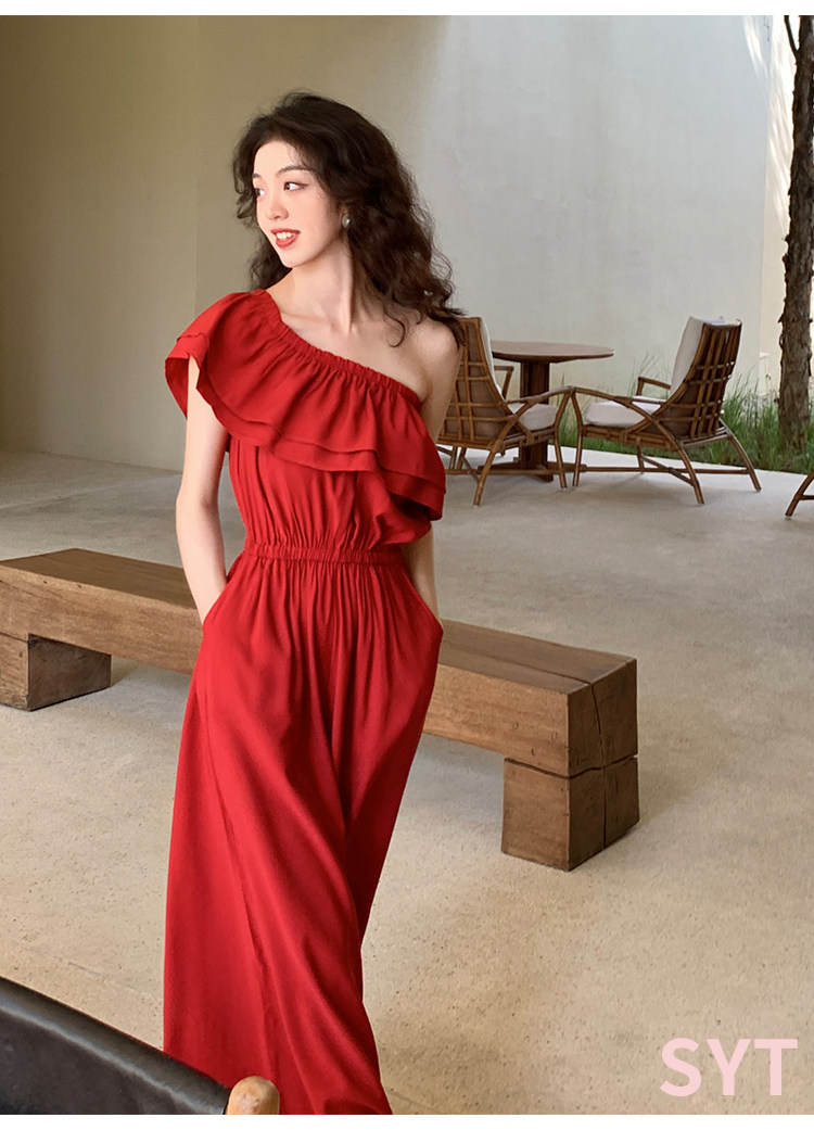 一字肩红色荷叶边连体长裤女连衣裤女神范仙女裤子高腰甜美显瘦潮,淘宝优惠券,粉丝福利购,淘宝优惠卷