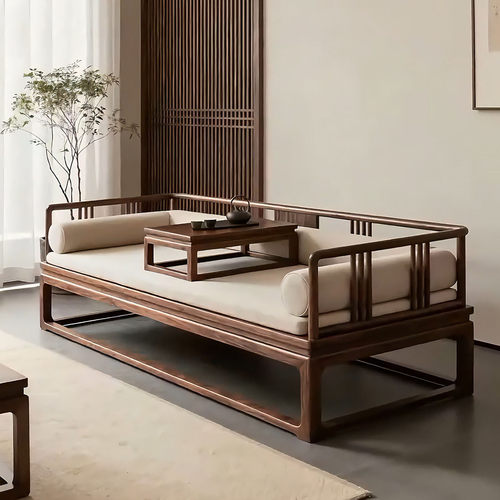 新中式北美黑胡桃木罗汉床宋式美学极简贵妃床榻客厅实木布艺沙发 - 图1