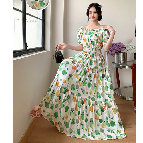 一字肩两穿纯欲棉绸碎花连衣裙长裙夏季短袖沙滩裙波西米亚度假裙 - 图2