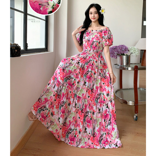 一字肩两穿纯欲棉绸碎花连衣裙长裙夏季短袖沙滩裙波西米亚度假裙 - 图0