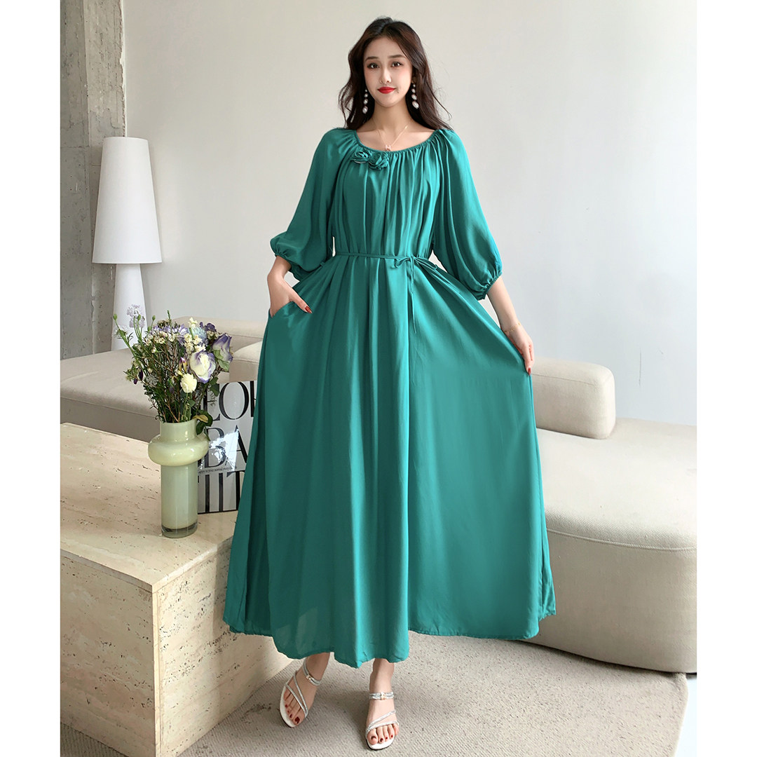 棉绸连衣裙高级感系带慵懒风长款宽松大码胖MM度假风沙滩裙一字领,淘宝优惠券,粉丝福利购,淘宝优惠卷