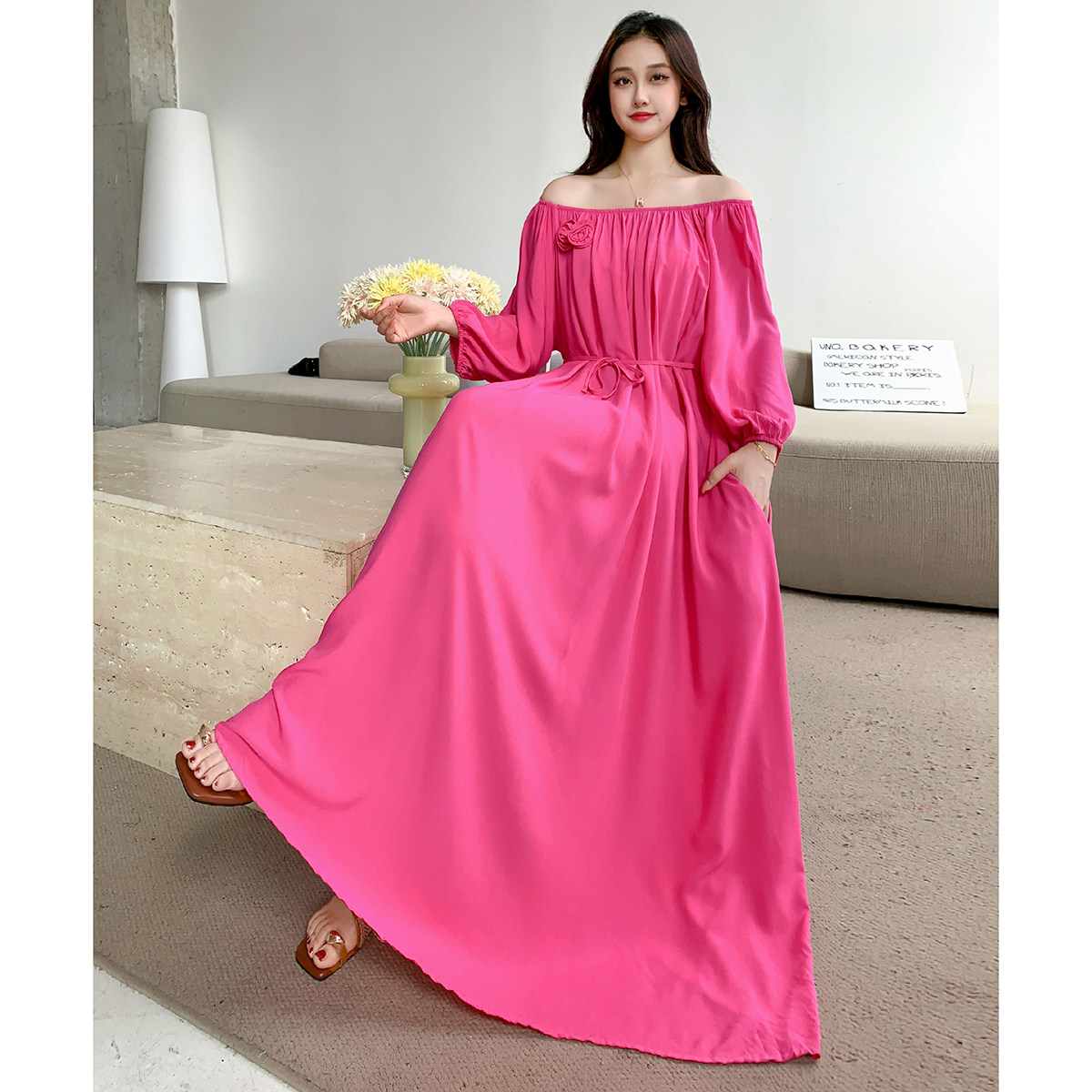 棉绸连衣裙高级感系带慵懒风长款宽松大码胖MM度假风沙滩裙一字领,淘宝优惠券,粉丝福利购,淘宝优惠卷