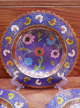 印度手工艺品进口铜器铜雕异域工艺礼品装饰彩绘盘家居摆件YT5662