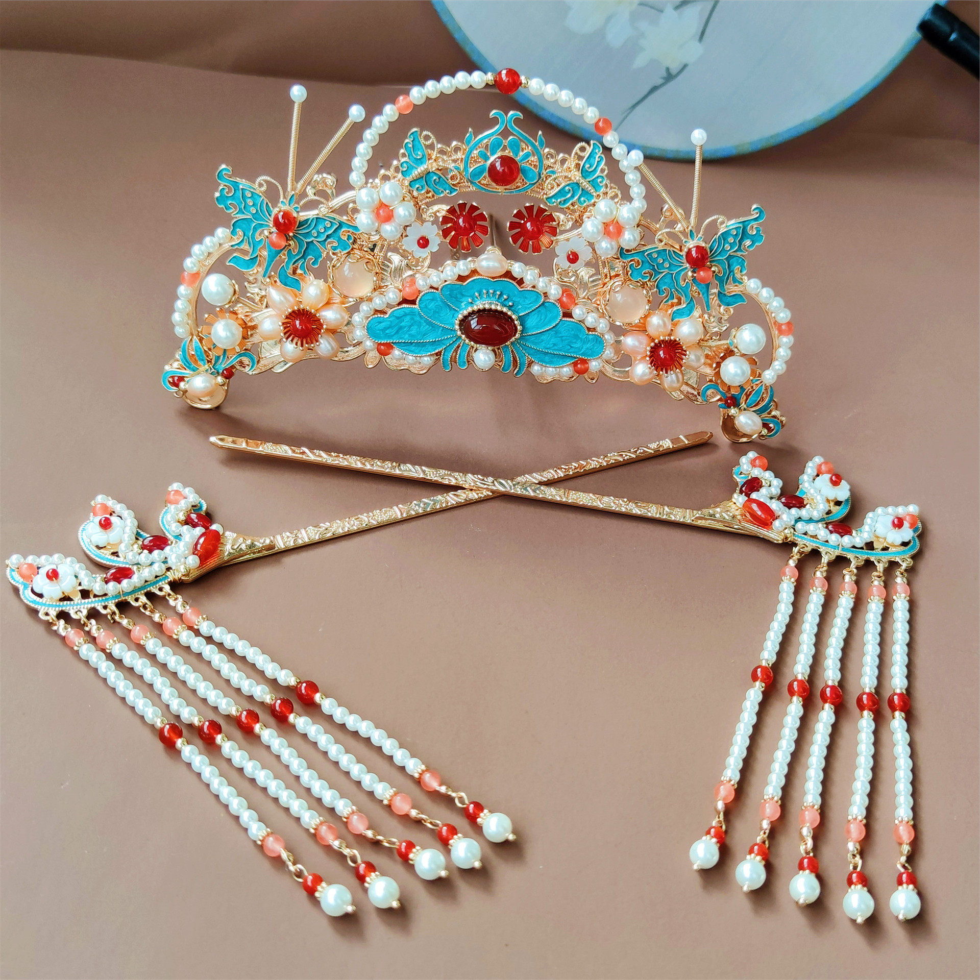 原创手工明制发饰烧蓝纯铜发冠珍珠插梳掩鬓后压汉服流苏步摇发簪