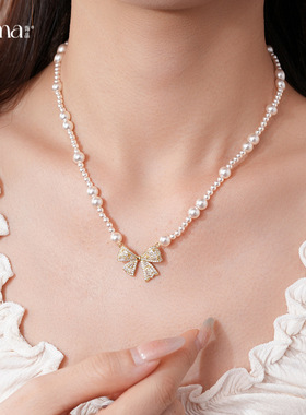 法式串珠蝴蝶结吊坠珍珠项链轻奢感锁骨链复古简约项饰女