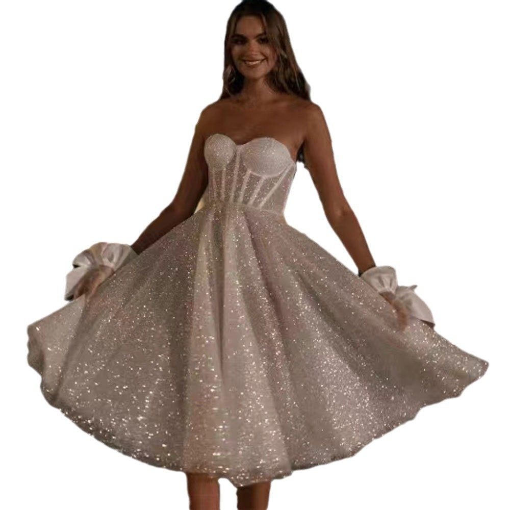 欧美外贸连衣裙亚马逊速卖通wish独立站新款抹胸闪亮短款婚纱礼服,淘宝优惠券,粉丝福利购,淘宝优惠卷