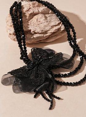 百搭黑色花朵多层网纱项链