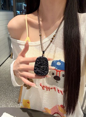 天然黑曜石龙牌吊坠项链男女款本命年挂件毛衣链屿白记