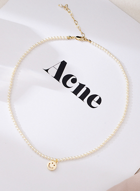 防过敏不掉色 中国风时尚简约百搭3mm珍珠笑脸吊坠项链 锁骨颈链