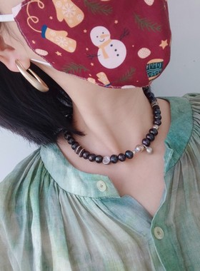 巴洛克天然淡水黑珍珠老银乌木泰国手工纯银珠项链毛衣链