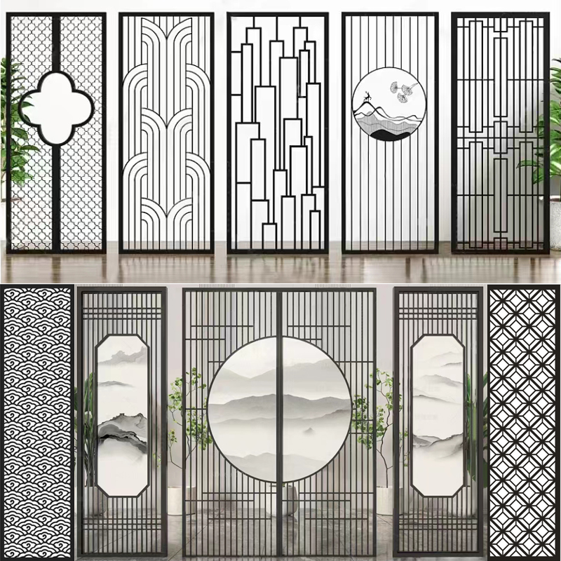 新中式简约金属背景屏风电视格栅客餐厅铁艺办公室装饰隔断墙隔栅 - 图0