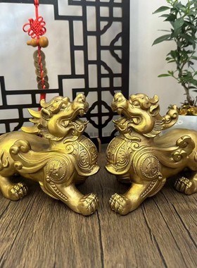 全纯黄铜貔貅公母一对招财摆件