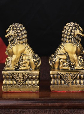 纯铜宫门狮摆件一对全黄铜守门狮