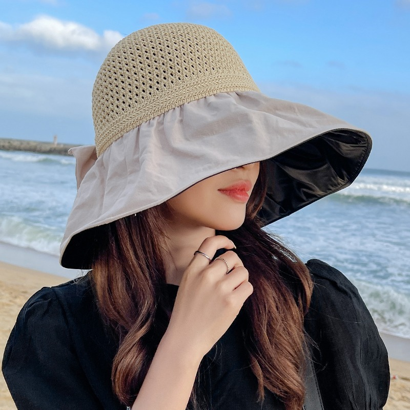 遮阳帽子女夏防紫外线遮脸防晒帽空顶大檐可折叠扎马尾沙滩太阳帽