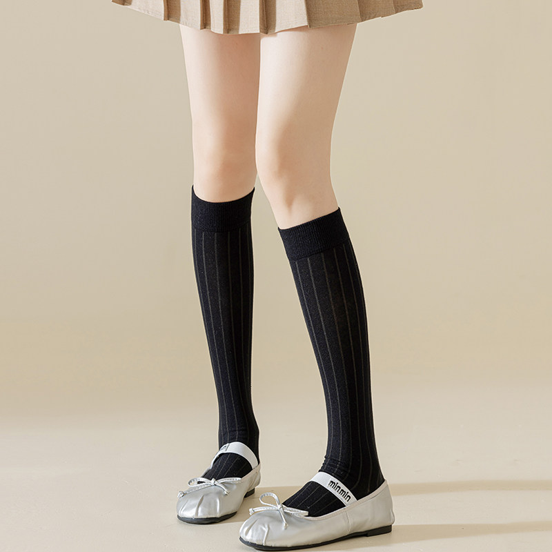 纯色miu春秋5A抗菌无骨时尚棉坑条黑色小腿堆堆及膝长高筒女袜子,淘宝优惠券,粉丝福利购,淘宝优惠卷