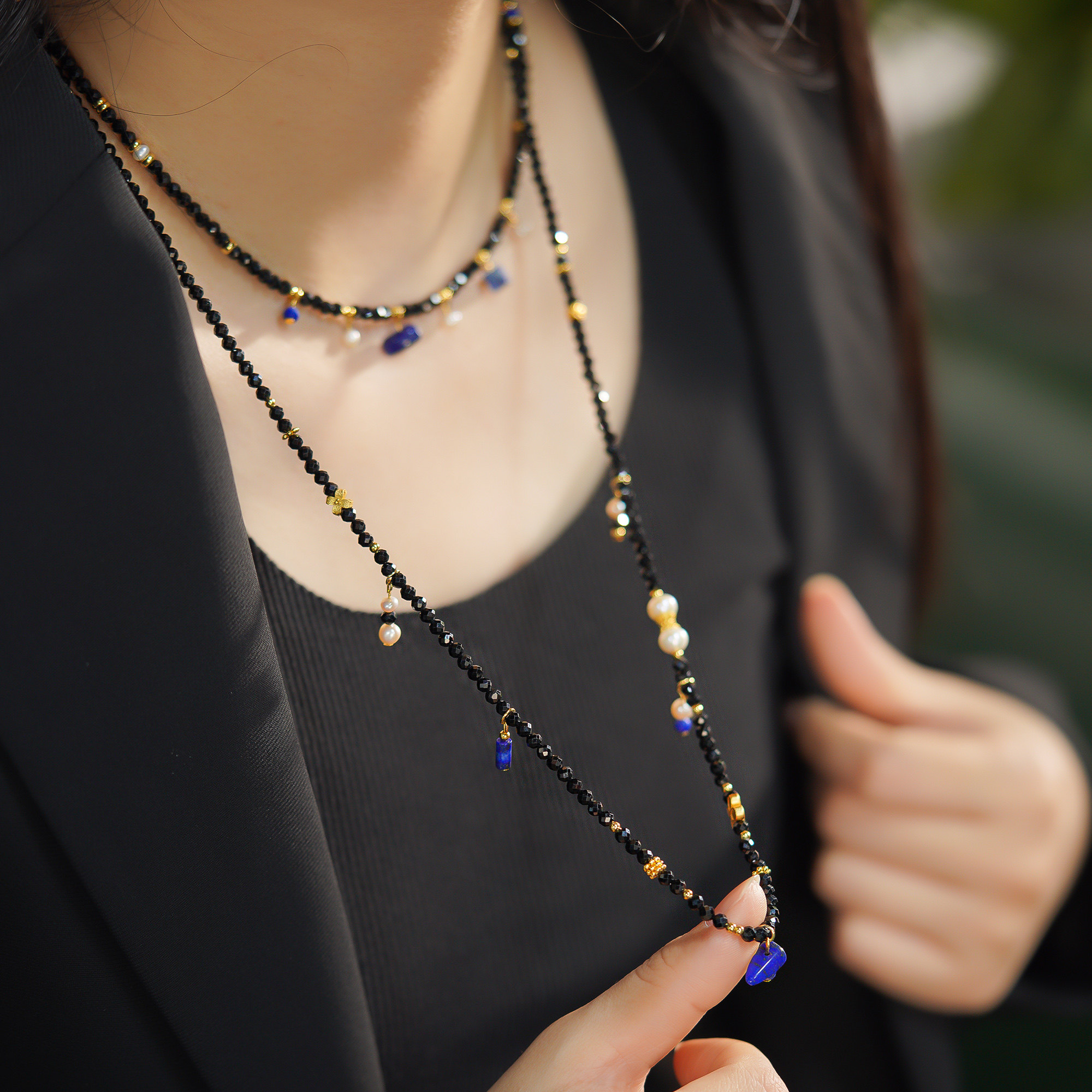 原创设计暗夜星辰黑尖晶天然珍珠青金石串珠长款项链女复古毛衣链,淘宝优惠券,粉丝福利购,淘宝优惠卷