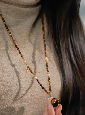 虎眼石金发晶拼天然珍珠毛衣链