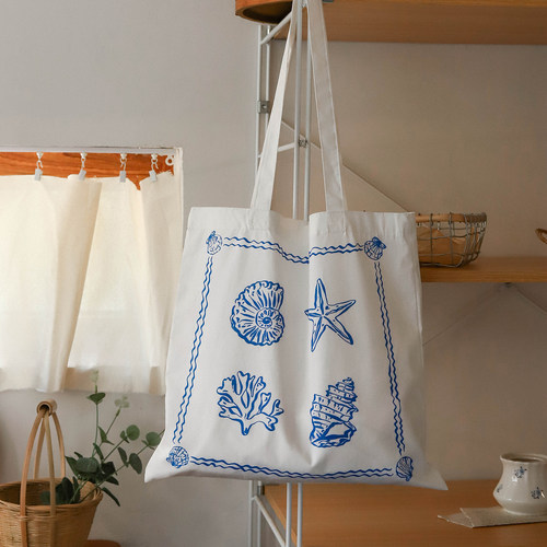 枝悟自制 海洋风蓝色印花单肩包 轻薄手提棉布袋 ins文艺拍照道具 - 图0