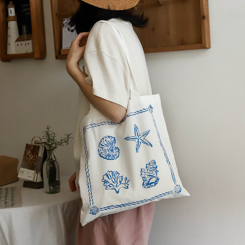 枝悟自制 海洋风蓝色印花单肩包 轻薄手提棉布袋 ins文艺拍照道具 - 图2