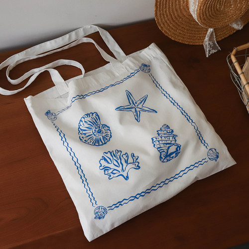 枝悟自制 海洋风蓝色印花单肩包 轻薄手提棉布袋 ins文艺拍照道具 - 图3
