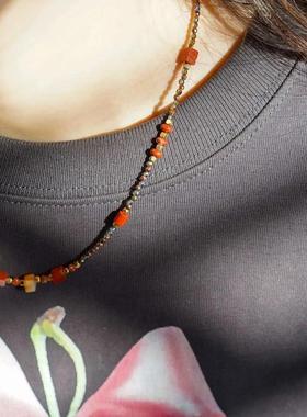 秋冬新款小众设计国潮新中式复古文艺真石串珠双层叠戴项链天然