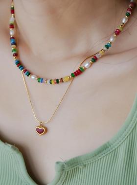 彩色石珍珠串珠滴釉爱心小众大气天然石手链饰品圆珠链女项链饰品